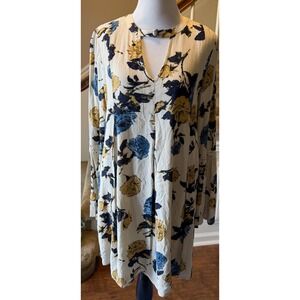 Altard State Floral Bell Sleeve Dress Cream Blue Yellow Boho Lace Trim Small